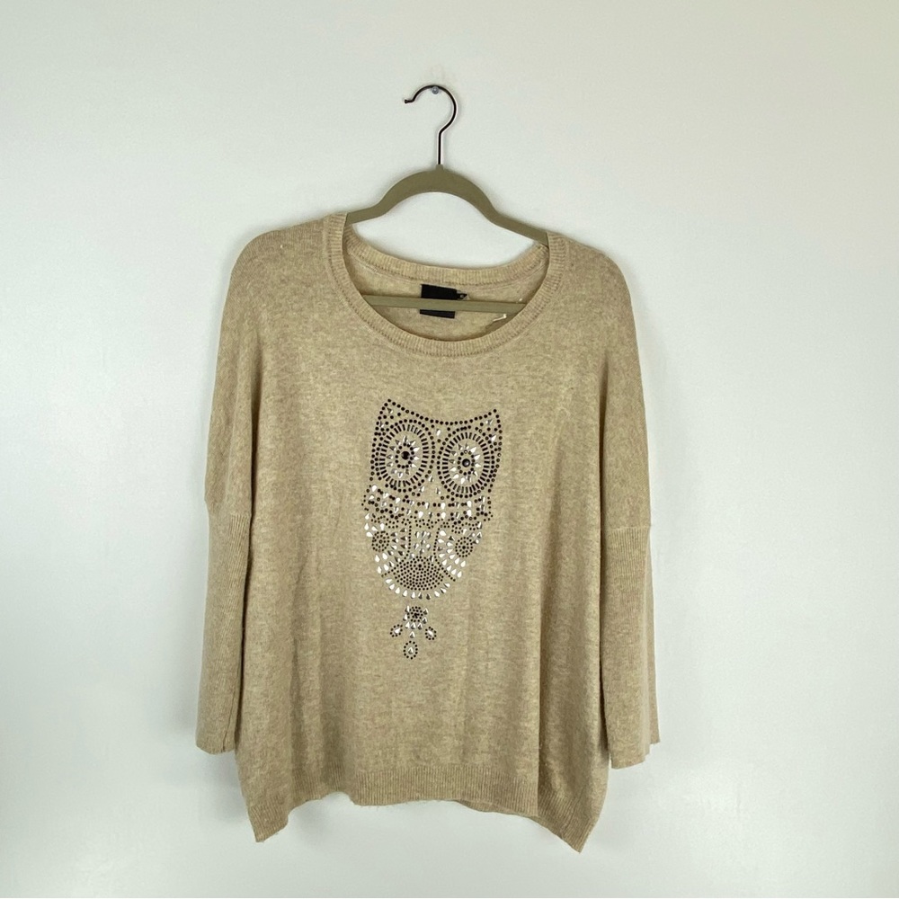 Cliche Wool Blend Womens X Large Sweater Owl Sequins Dolman 3/4 Sleeve Beige